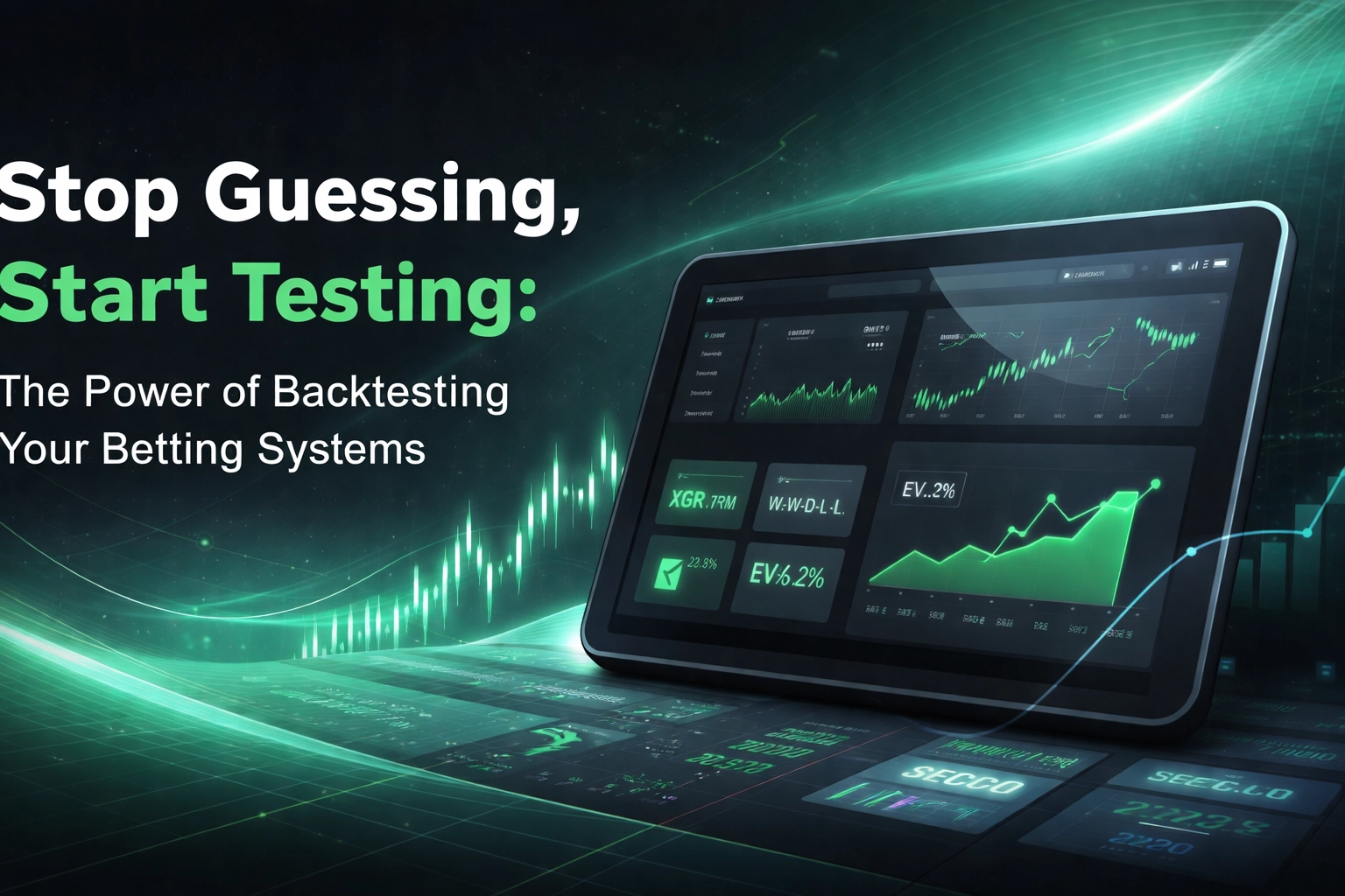 Promotional banner about backtesting betting systems, featuring a tablet with green performance charts and the slogan 'Stop Guessing, Start Testing'.