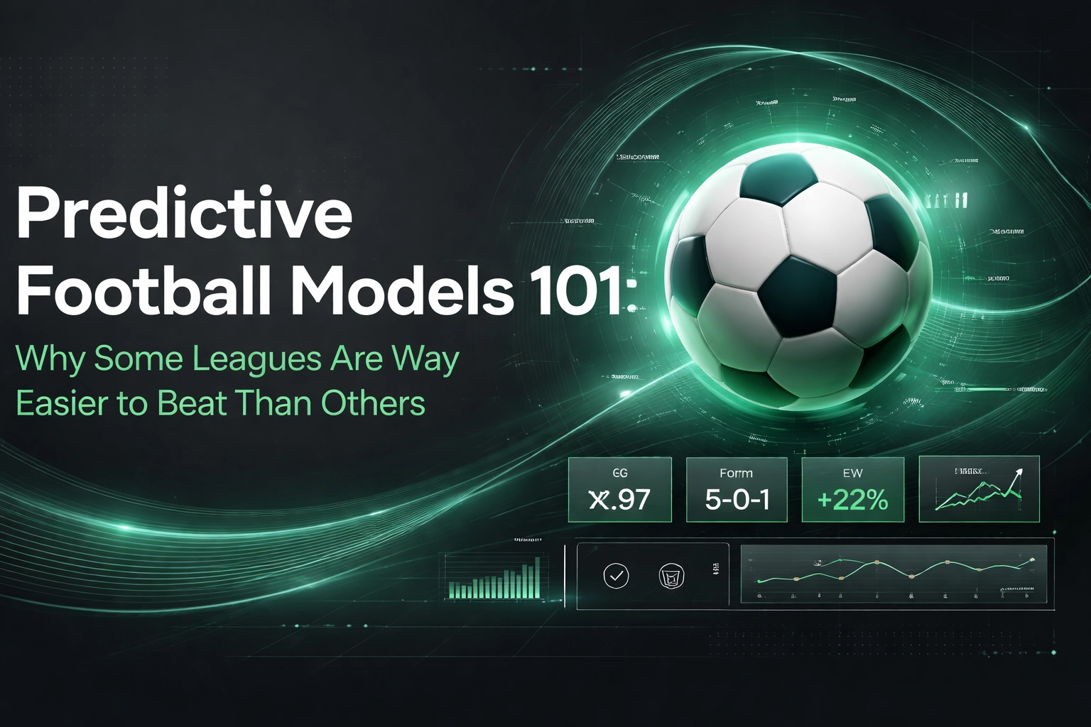 Soccer ball surrounded by neon green data rings and holographic charts beside the headline 'Predictive Football Models 101' and its subtitle about league difficulty.