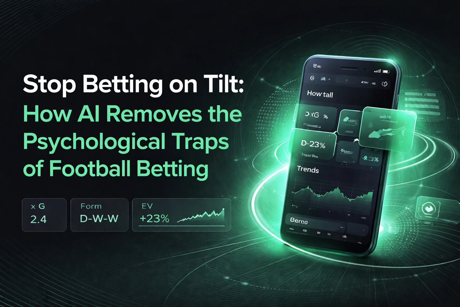 Promotional banner about AI helping avoid psychological traps in football betting, featuring a smartphone with holographic charts on a neon green dark background.