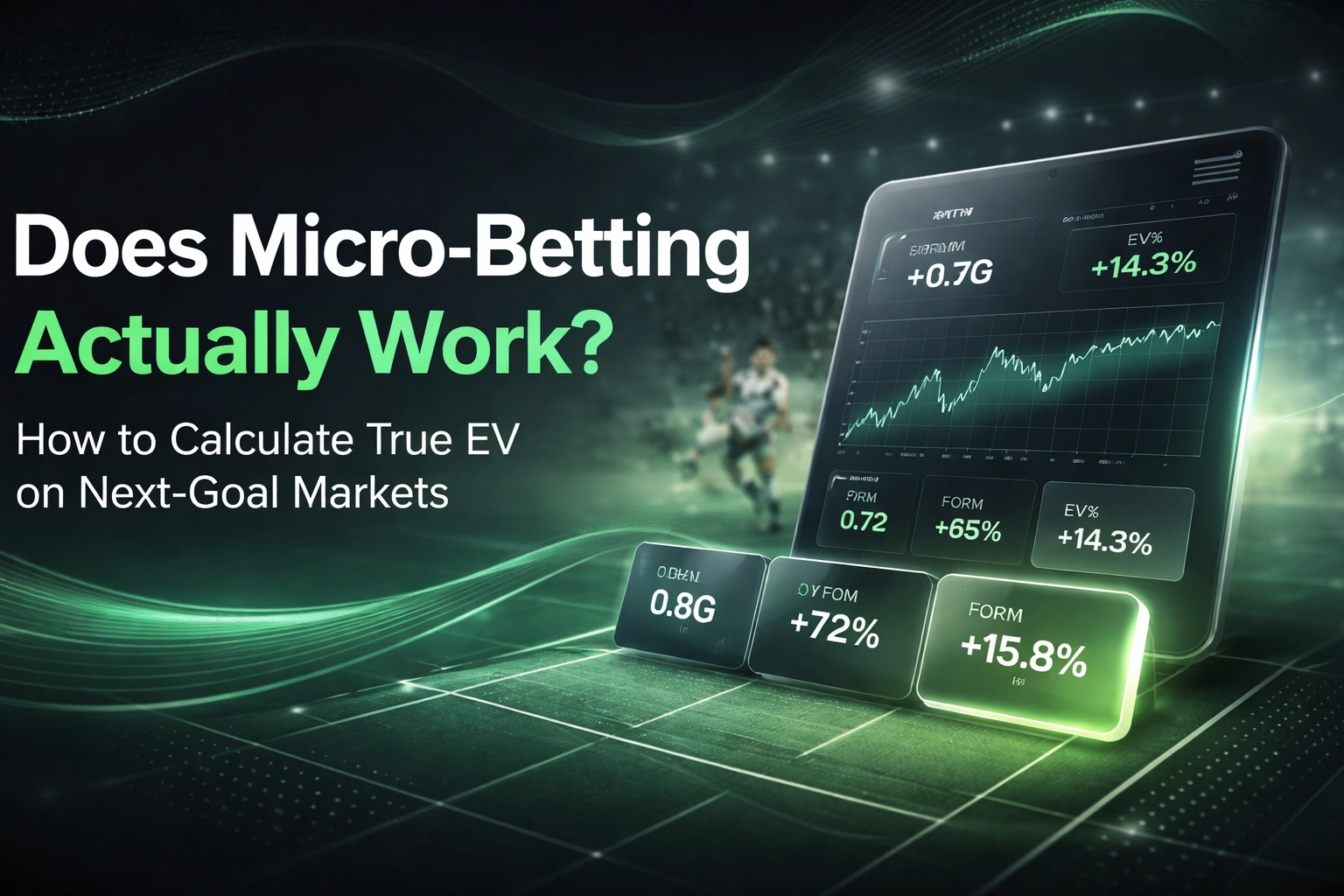 Hero image for an article: bold white and green headline about micro-betting; a tablet displays a line chart and green data panels with a neon glow.