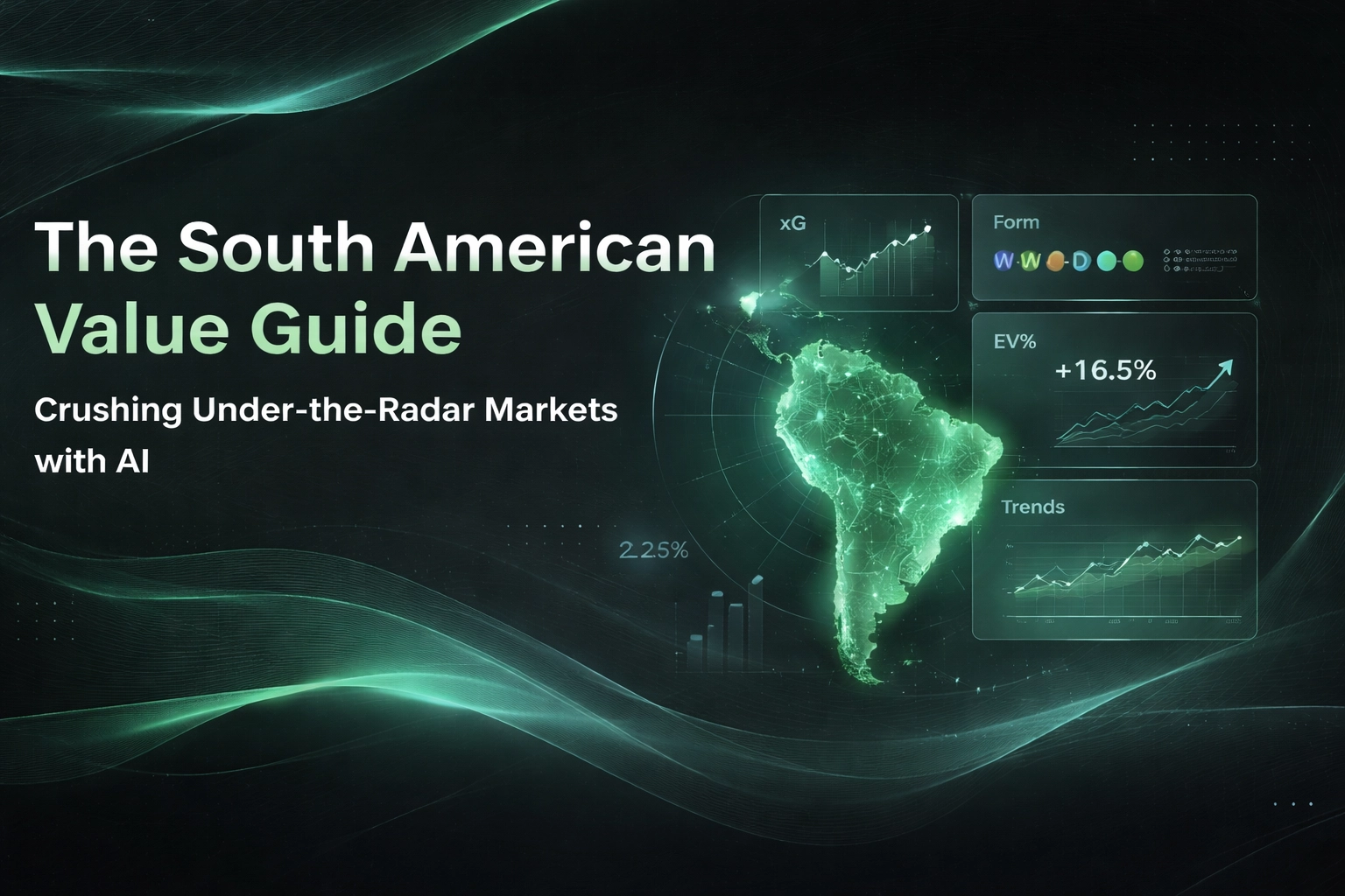 Cover slide: The South American Value Guide with AI-driven market visuals and a neon green South American map beside charts.Purpose: introduce a guide on SA markets with analytics.