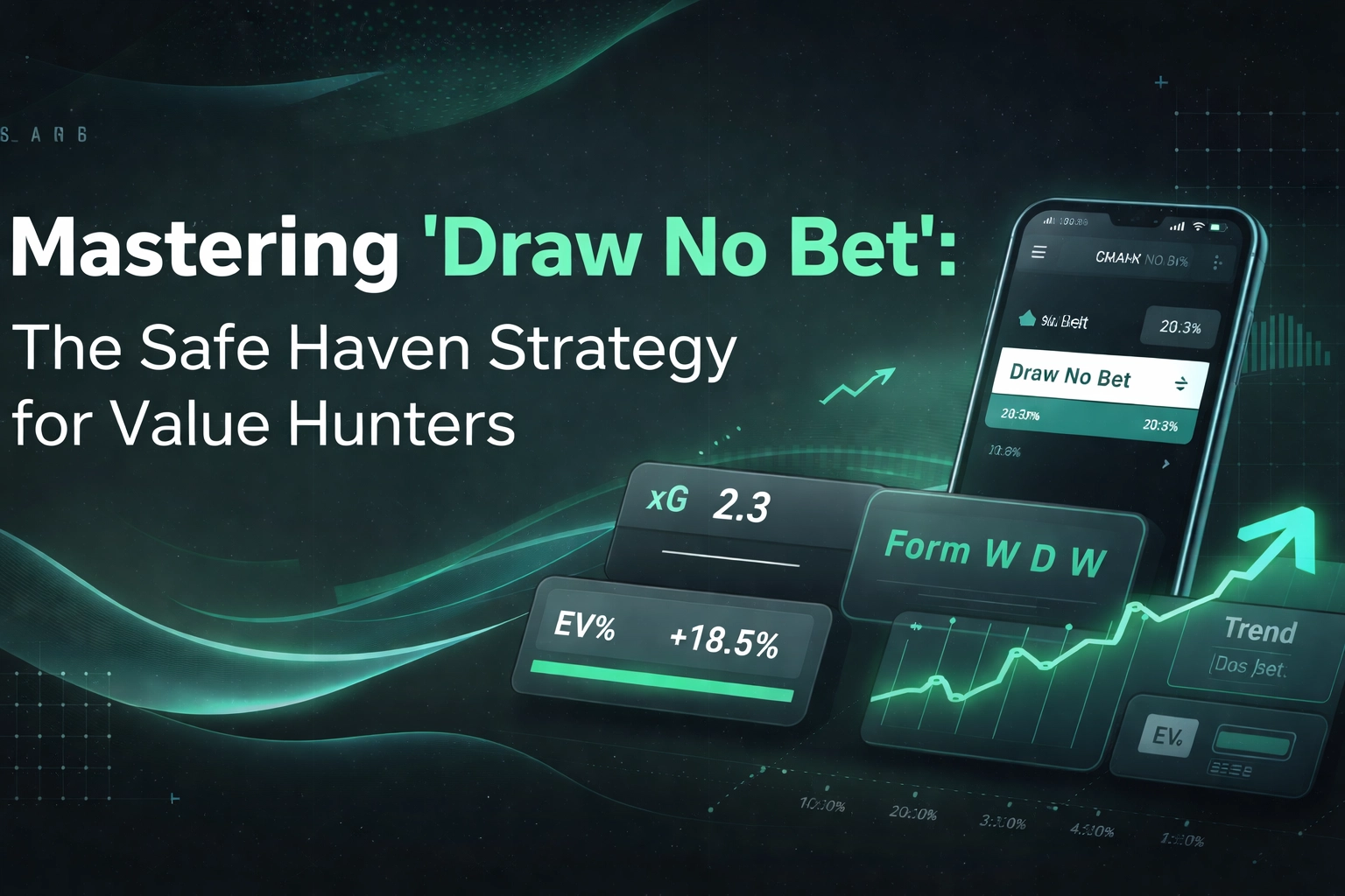 Hero banner announcing 'Mastering Draw No Bet' with a mobile app screen and rising trend graphs for a betting strategy article