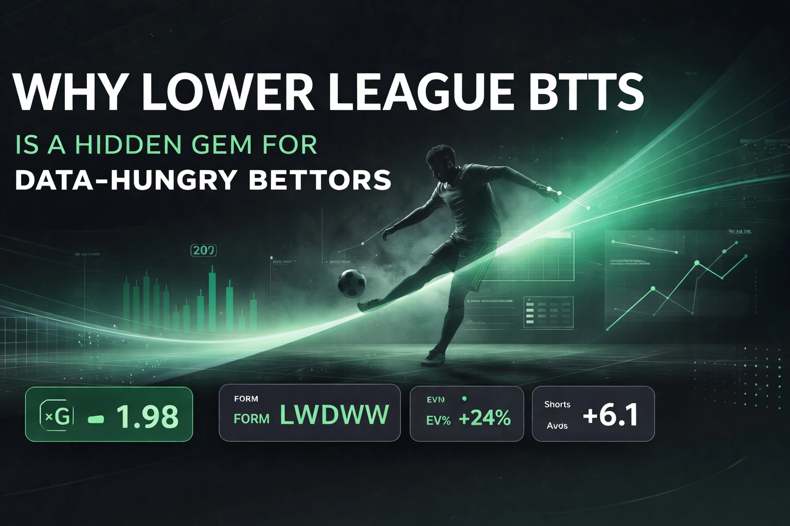 Soccer player kicks a ball through a neon green data-chart backdrop with bold white text about data-driven betting.