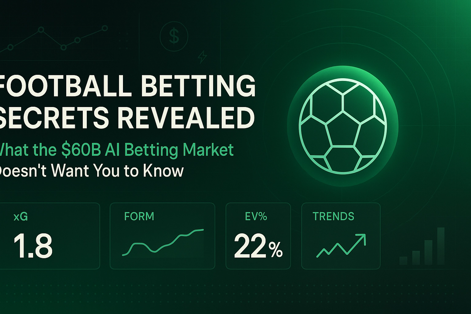 Green tech-themed hero: bold headline about football betting secrets revealed with a soccer ball icon on the right and charts at the bottom.