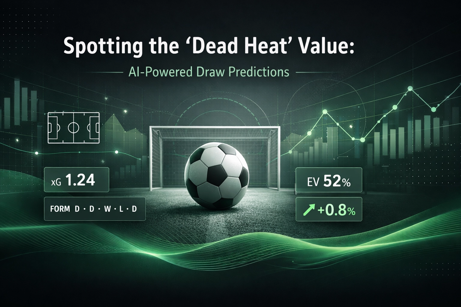 Soccer ball in a goal with AI-powered draw predictions and metrics like xG 1.24 and EV 52%.