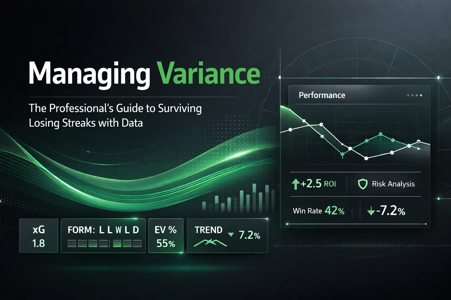 Tech-themed cover titled 'Managing Variance' with subtitle about surviving losing streaks; green wave graphics and a data chart on the right set against a dark background.