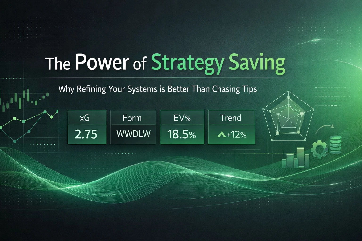 Green business slide titled 'The Power of Strategy Saving' with four data panels (xG 2.75, Form WWDLW, EV% 18.5%, Trend +12%) and a geometric chart on the right on a dark-to-green gradient background.