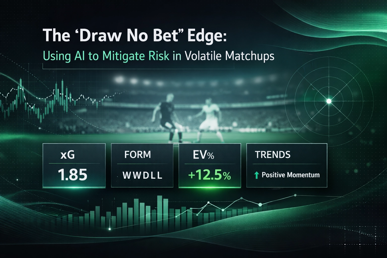 AI-powered sports risk tool infographic: title and panels with xG, form, EV% and trends on a green, digital stadium background