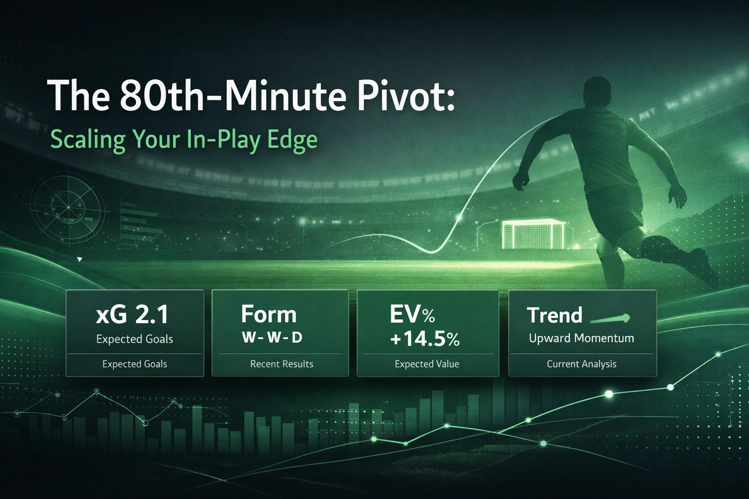 Green-toned stadium graphic with a silhouetted soccer player and four metric panels: xG 2.1, Form (W–W–D), EV% +14.5%, Trend (Upward Momentum). Title reads 'The 80th-Minute Pivot: Scaling Your In-Play Edge'.