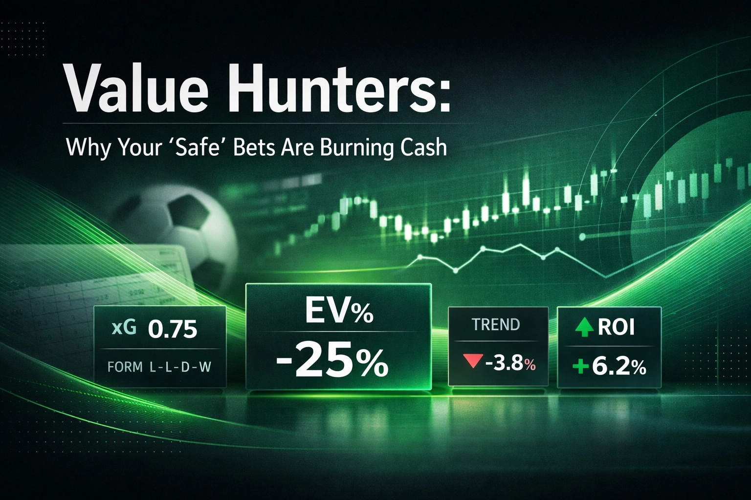 Poster-style graphic titled Value Hunters about betting value; shows EV -25%, Trend -3.8%, ROI +6.2%, xG 0.75, and form indicators (L-L-D-W).
