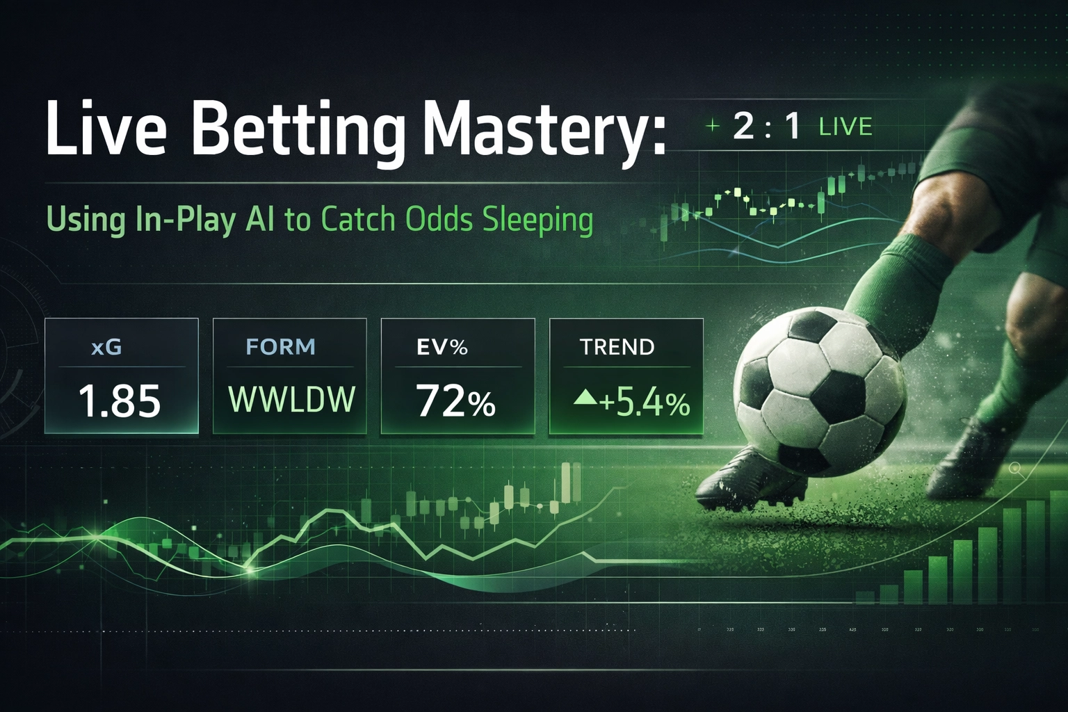Promotional banner showing a soccer player kicking a ball with live betting analytics panels (xG 1.85, EV% 72%, Trend +5.4%).