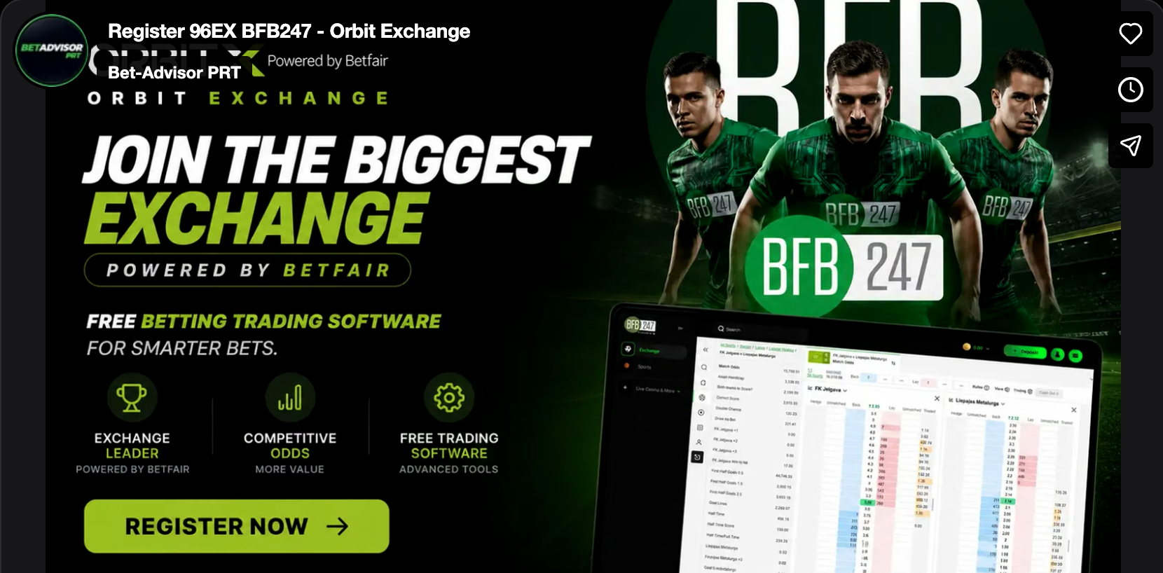 Promotional banner for Betfair Orbit Exchange urging users to join, with three athletes and a 'REGISTER NOW' button beside a laptop trading screen.