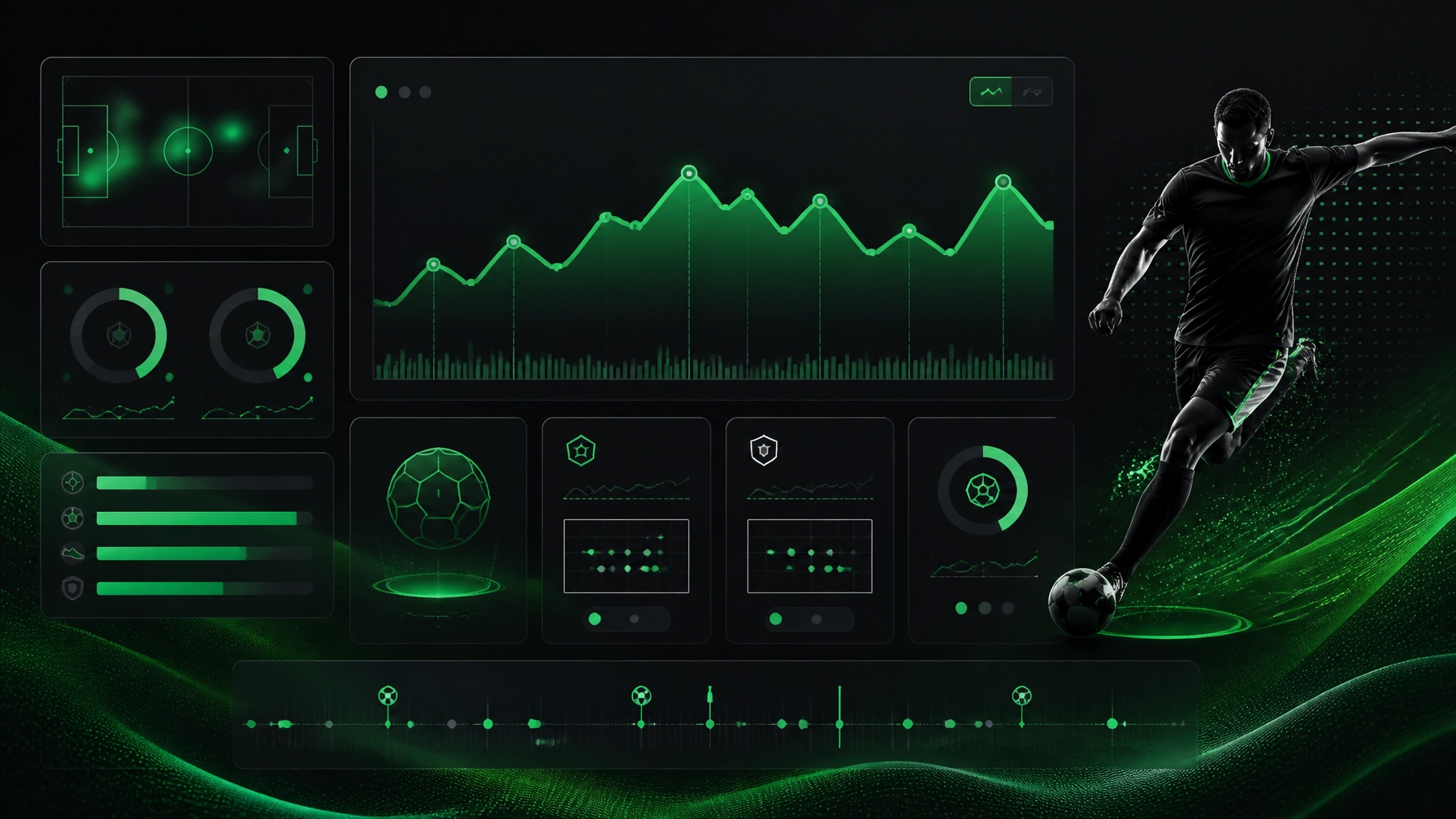 Dark futuristic sports analytics dashboard with green neon graphs and a soccer player kicking a ball on the right.