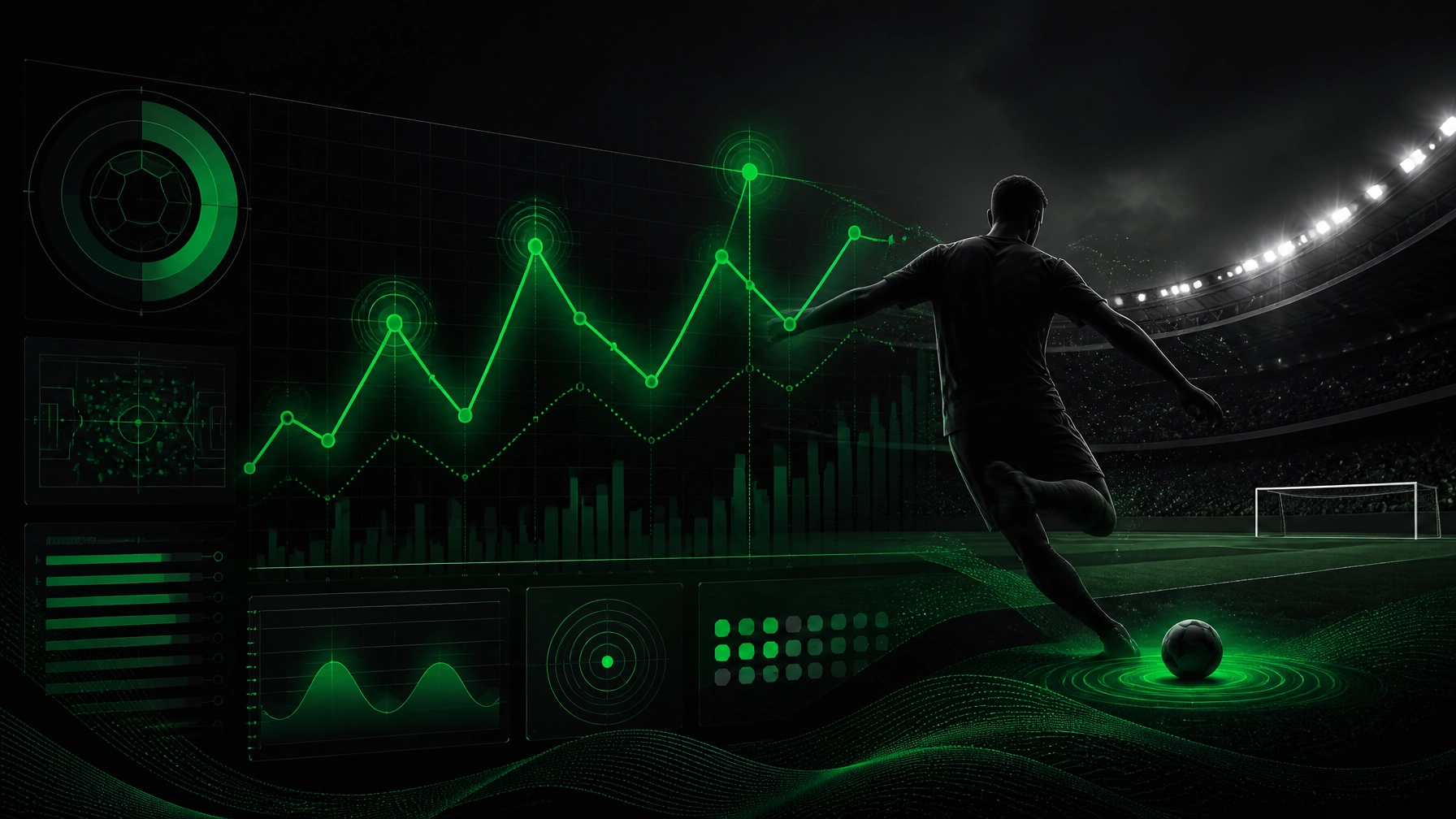 Soccer player kicking a ball on a green-lit, high-tech stadium field with holographic analytics and charts around him