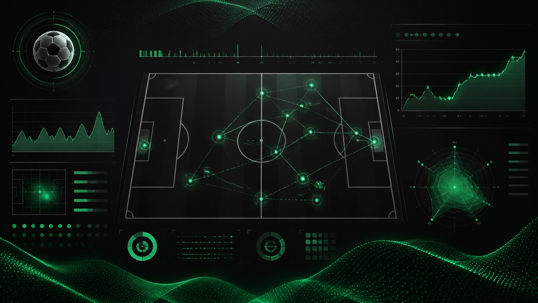 Futuristic soccer tactic board with a glowing network of passes on a dark HUD.